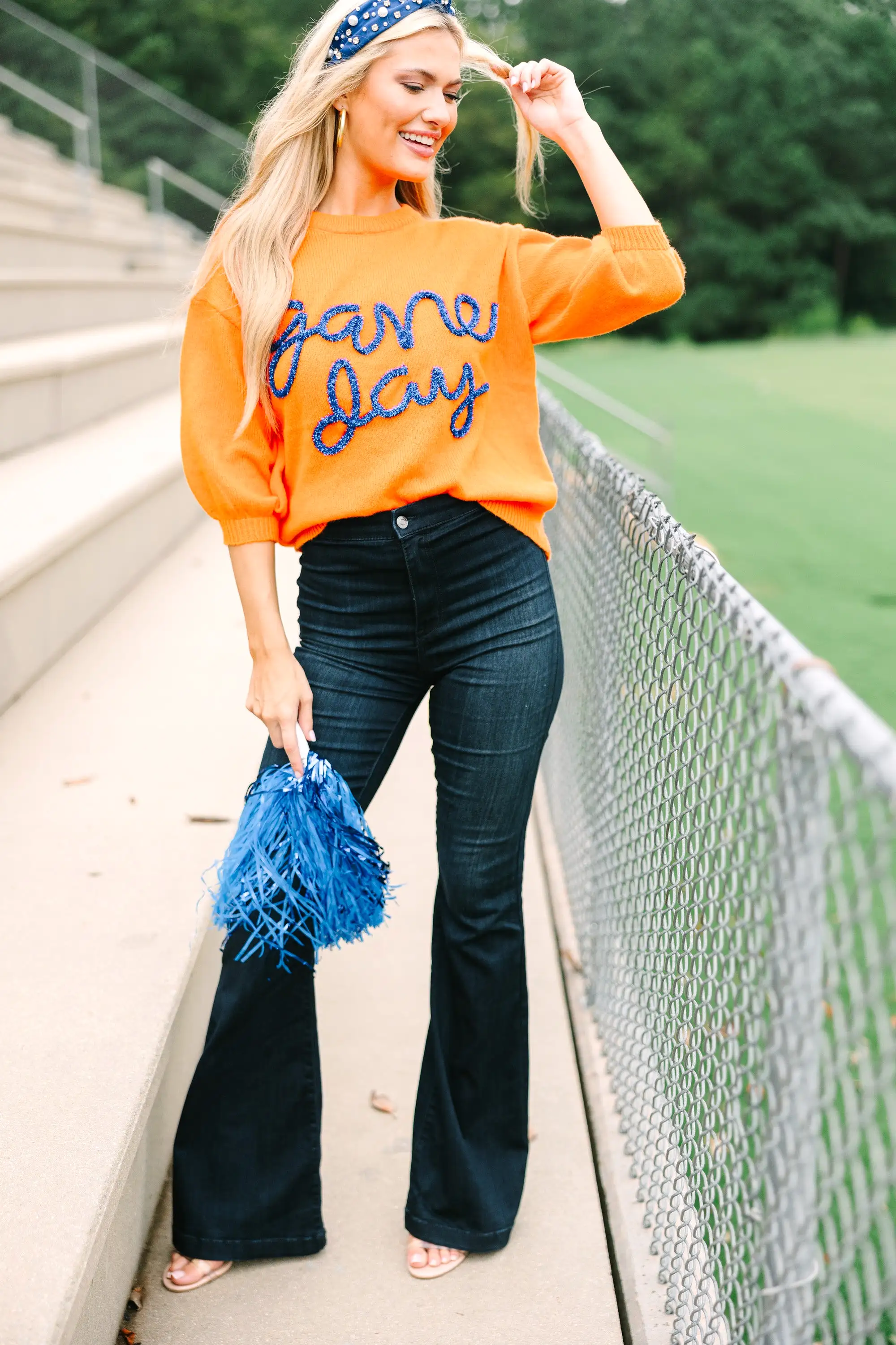 It's Game Day Orange/Navy Puff Sleeve Sweater