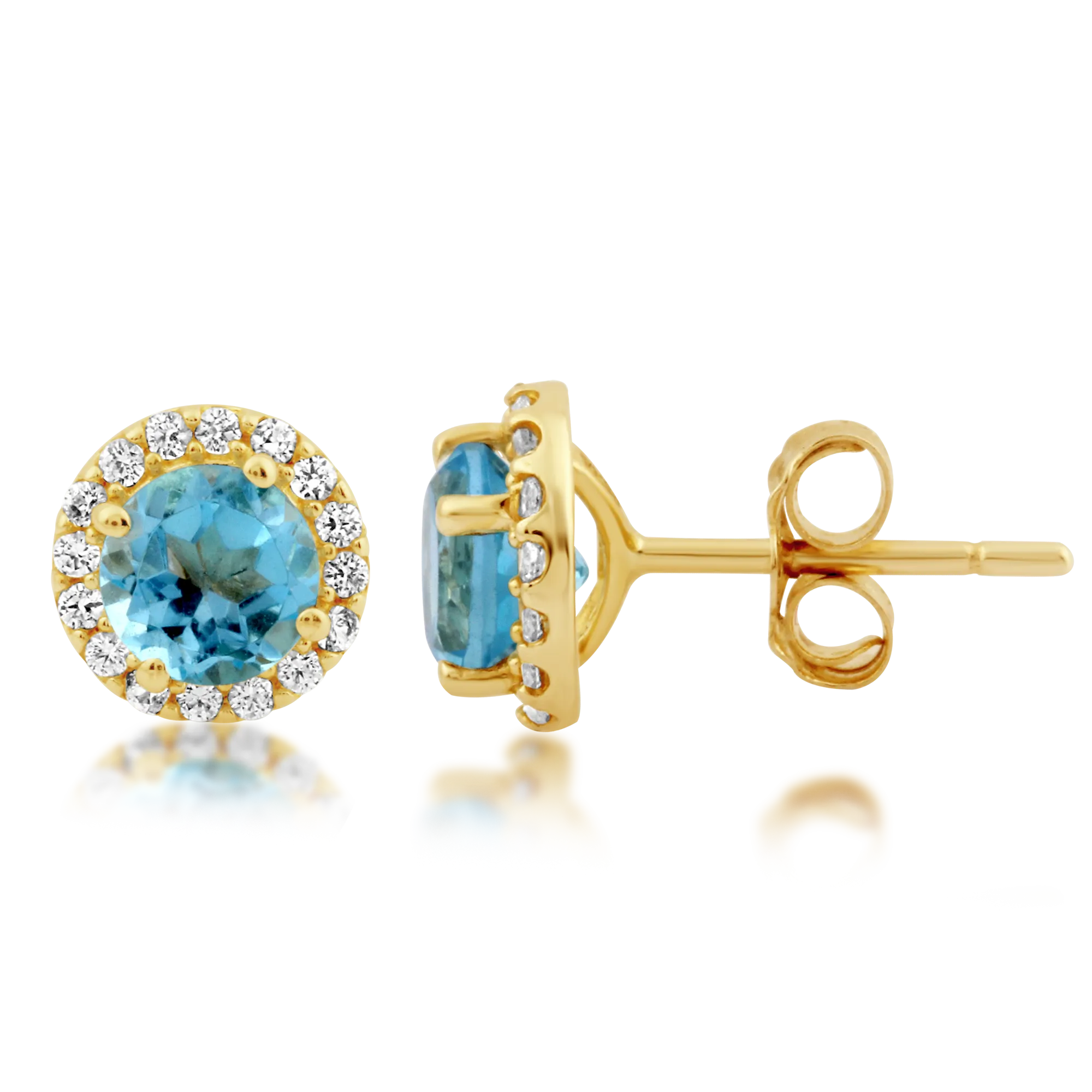 Jewelili 10K Yellow Gold with Created White Sapphire and Natural Swiss Blue Topaz Halo Stud Earrings