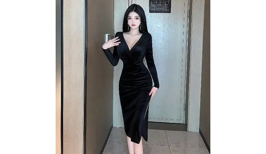 Long-Sleeve V-Neck Plain Midi Bodycon Dress PP4