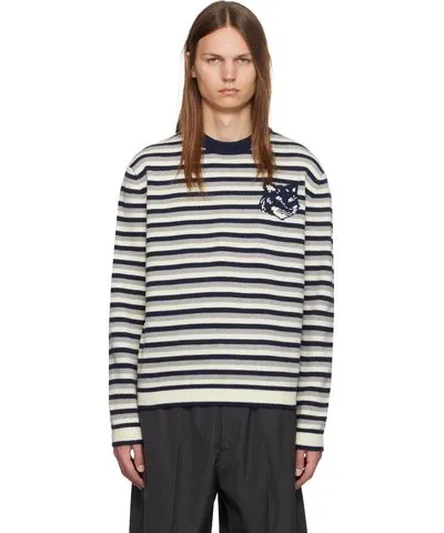 Maison Kitsune Navy & White Fox Head Intarsia Striped Sweater