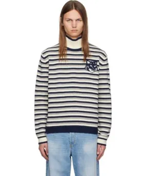 Maison Kitsune Navy & White Fox Head Intarsia Striped Turtleneck