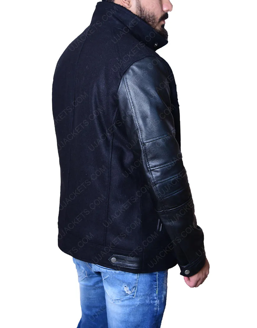 Men's Wool Body Black Leather Sleeve Jacket - Black Wool Leather Jacket