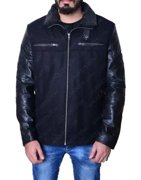 Men's Wool Body Black Leather Sleeve Jacket - Black Wool Leather Jacket