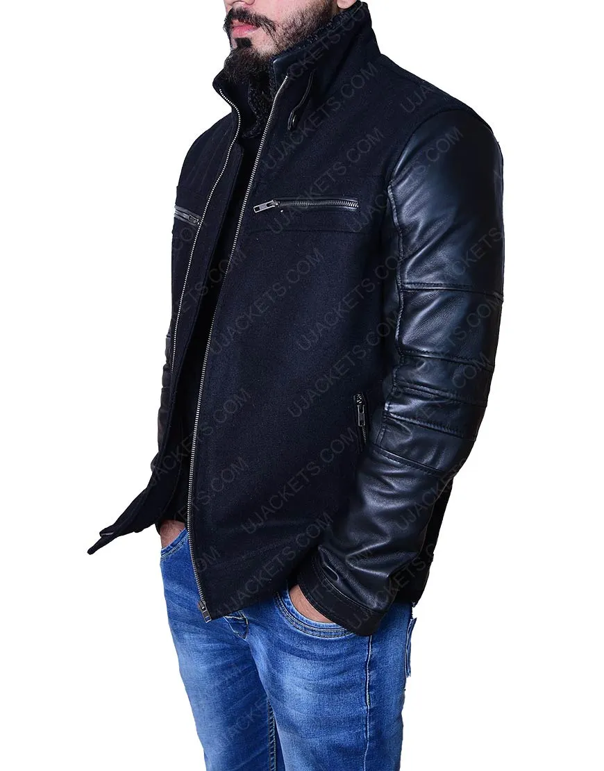 Men's Wool Body Black Leather Sleeve Jacket - Black Wool Leather Jacket