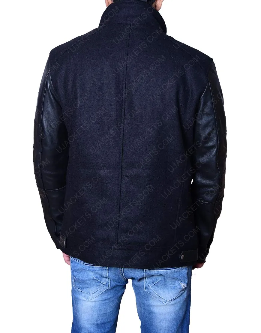 Men's Wool Body Black Leather Sleeve Jacket - Black Wool Leather Jacket