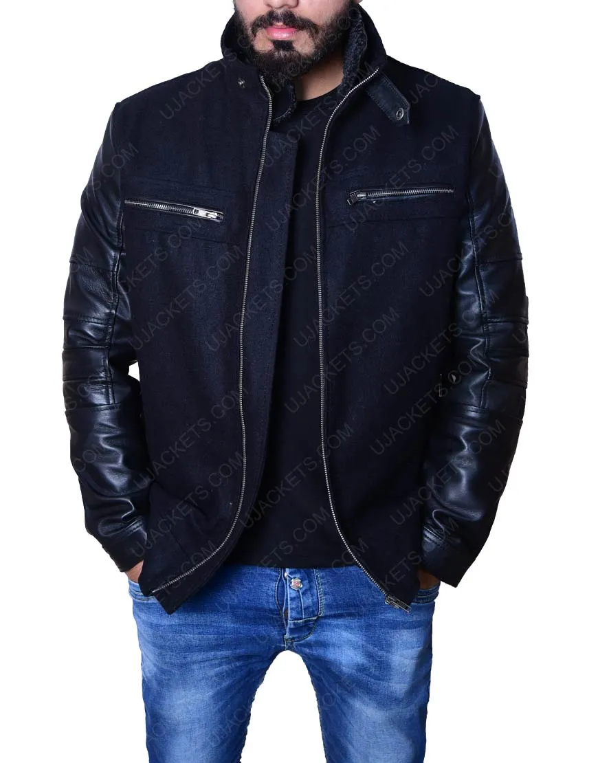 Men's Wool Body Black Leather Sleeve Jacket - Black Wool Leather Jacket