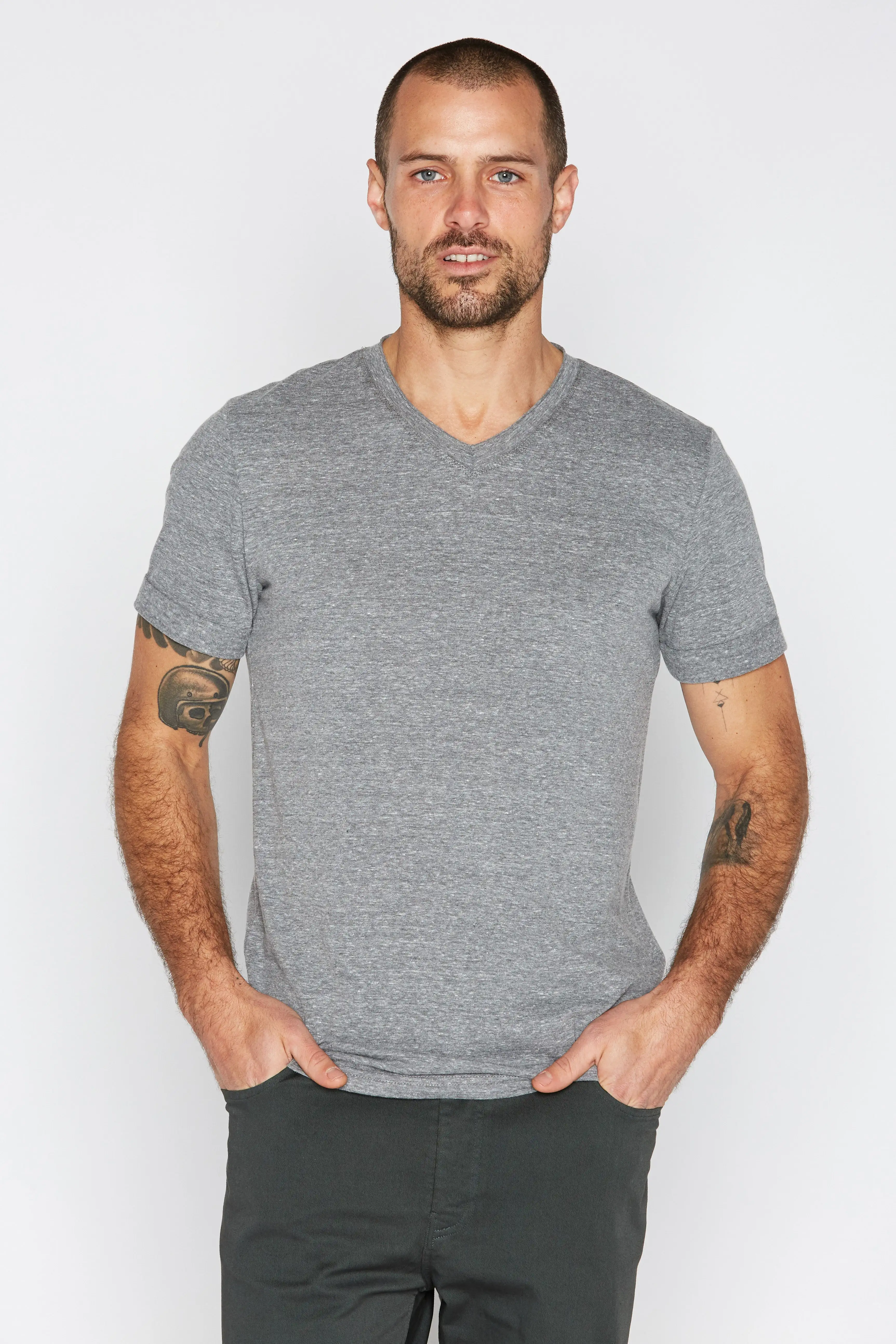 Men's Tri-Blend Stitch Sleeve V-Neck Tee