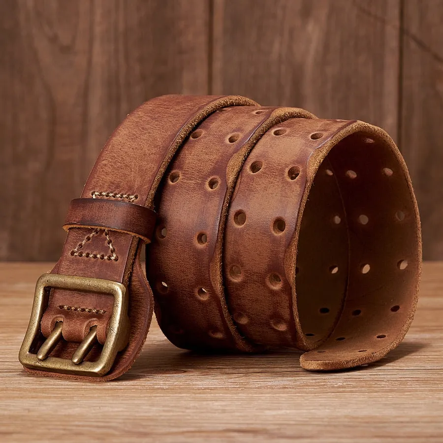 Men's Vintage Fashion Cowskin Leather Strap Double Pin Buckle Belt