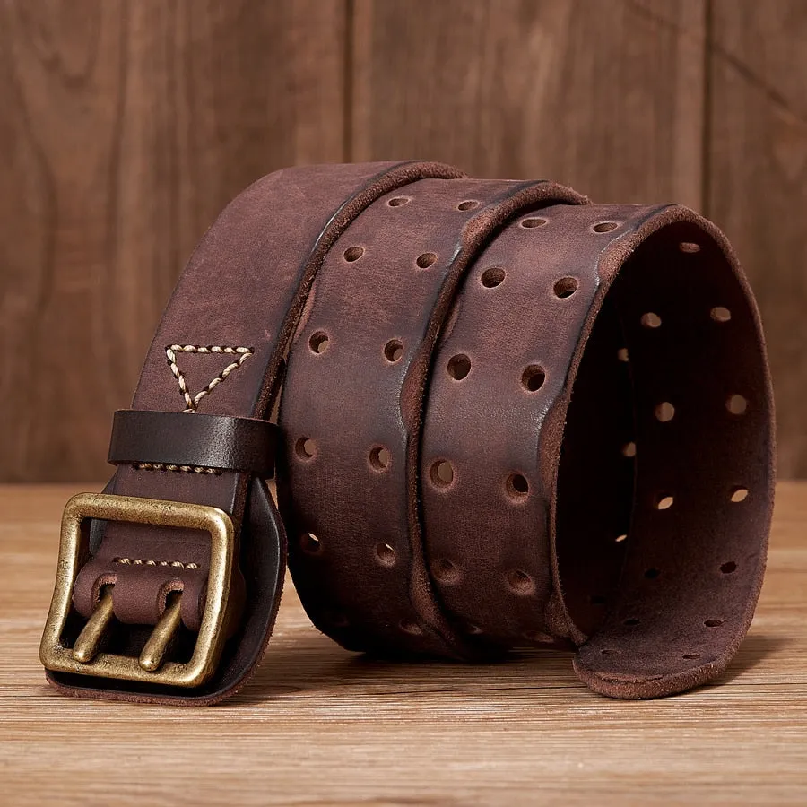 Men's Vintage Fashion Cowskin Leather Strap Double Pin Buckle Belt