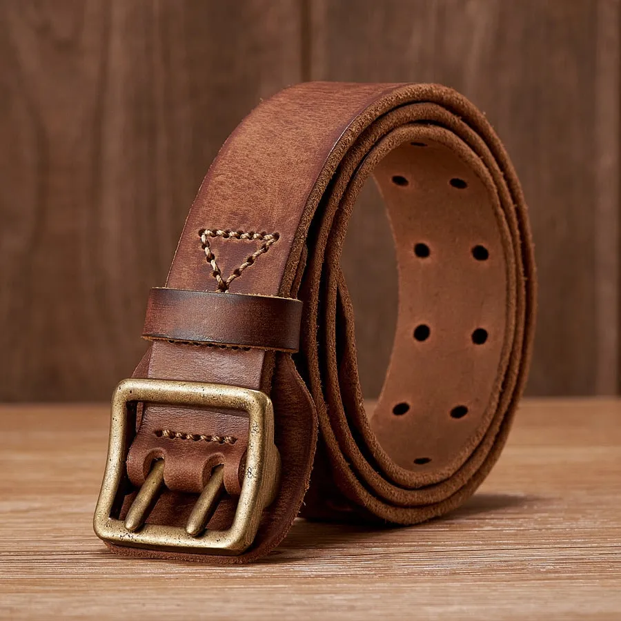 Men's Vintage Fashion Cowskin Leather Strap Double Pin Buckle Belt