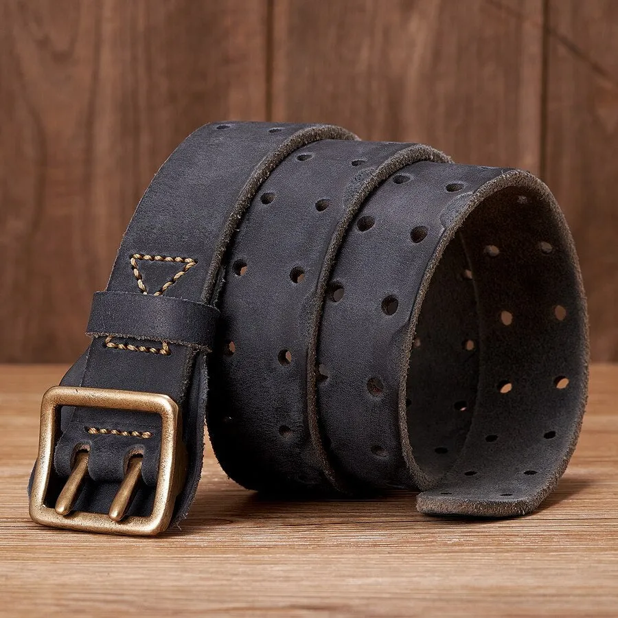 Men's Vintage Fashion Cowskin Leather Strap Double Pin Buckle Belt