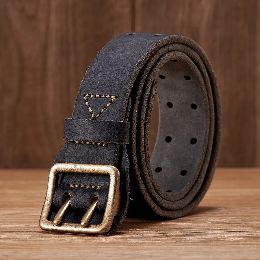 Men's Vintage Fashion Cowskin Leather Strap Double Pin Buckle Belt