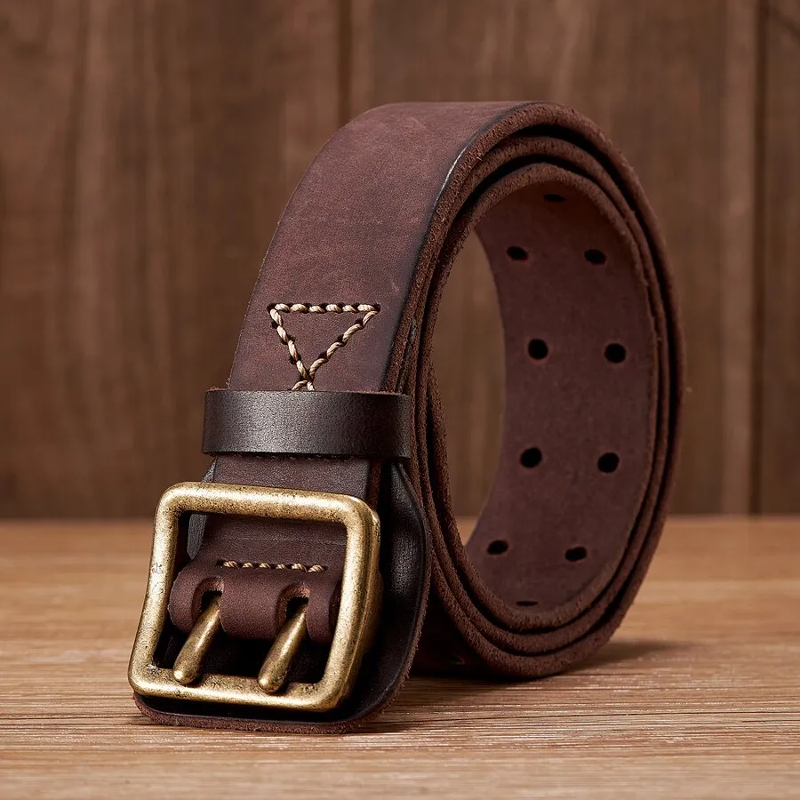 Men's Vintage Fashion Cowskin Leather Strap Double Pin Buckle Belt