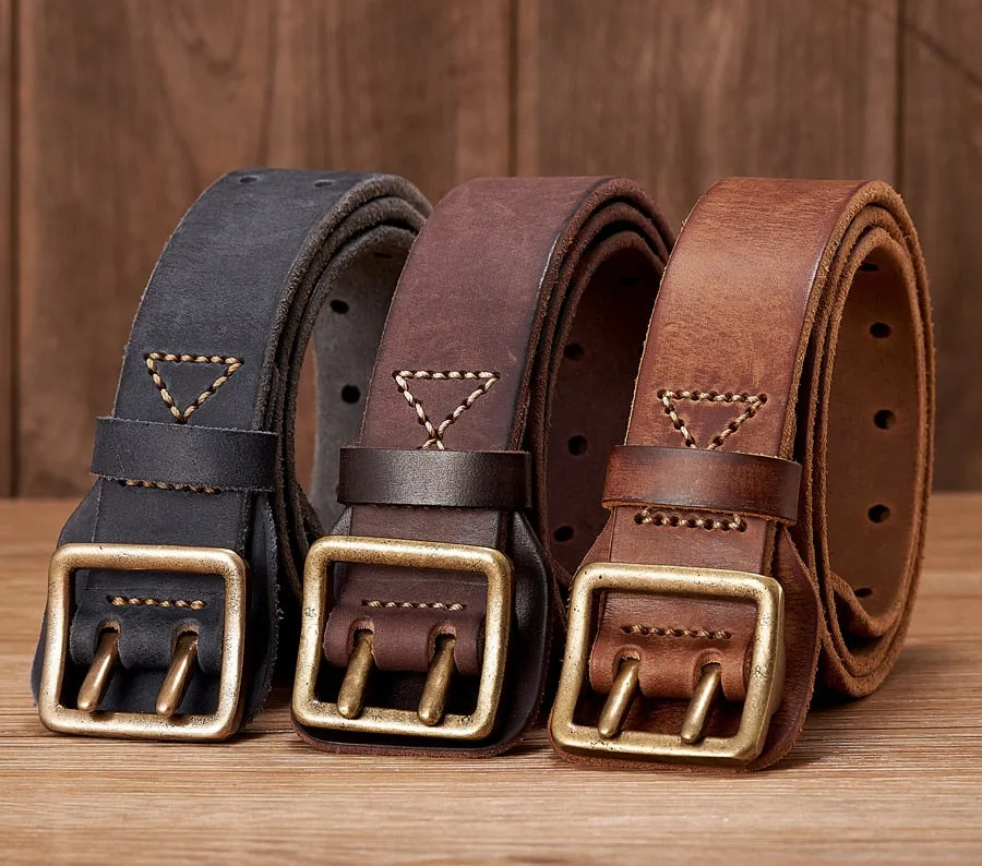 Men's Vintage Fashion Cowskin Leather Strap Double Pin Buckle Belt