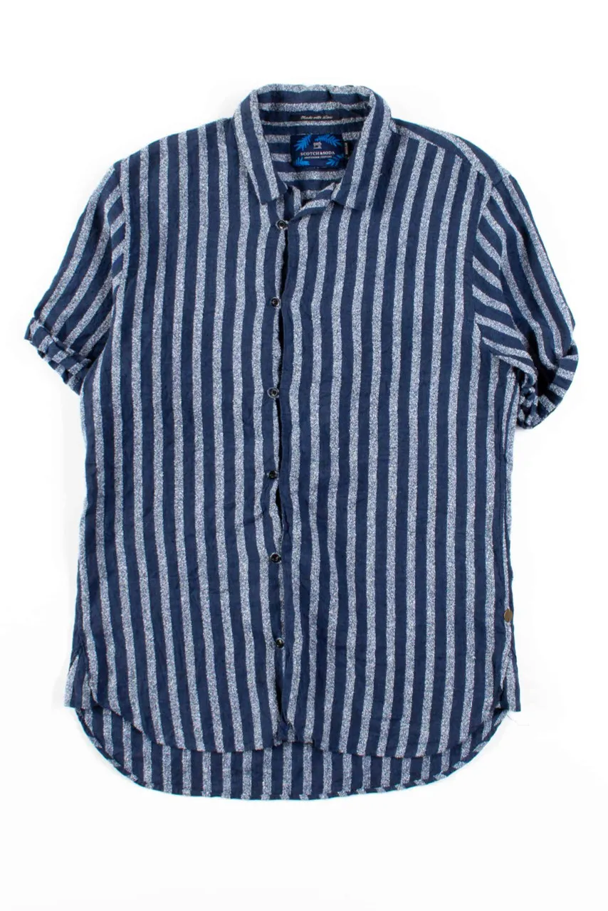 Navy Striped Linen Button Up Shirt