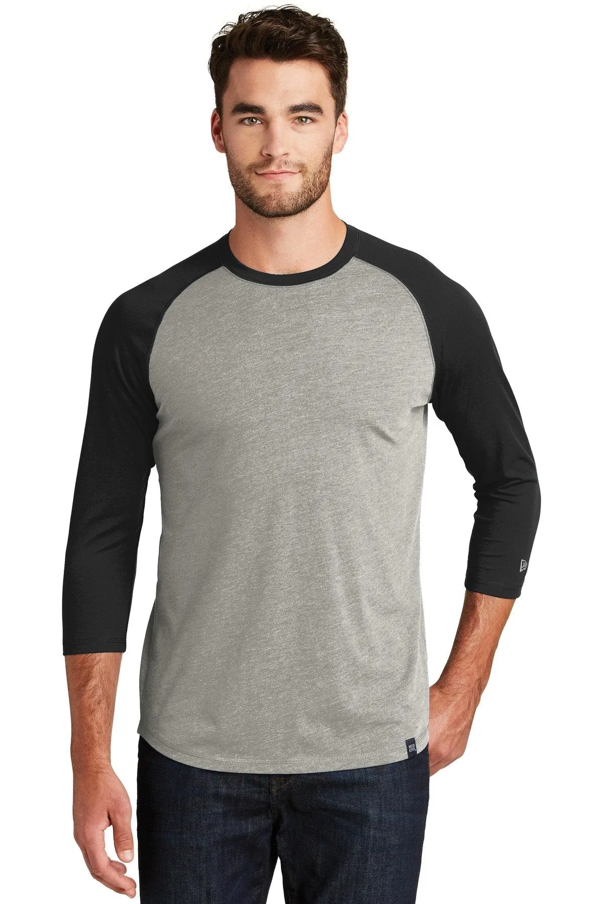 New Era Heritage Blend 3/4-Sleeve Baseball Raglan Tee NEA104 Black/ Rainstorm Grey Heather