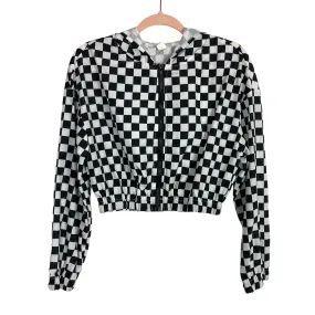 No Brand Black/White Checkerboard Zip Up Hooded Cropped Windbreaker- Size S