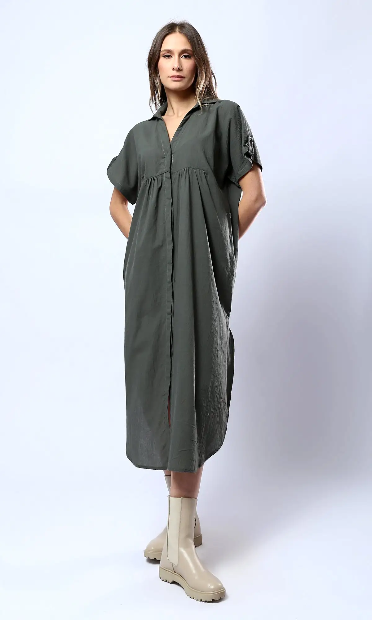 O178043 Open V-Neck Forest Green Summer Midi Dress