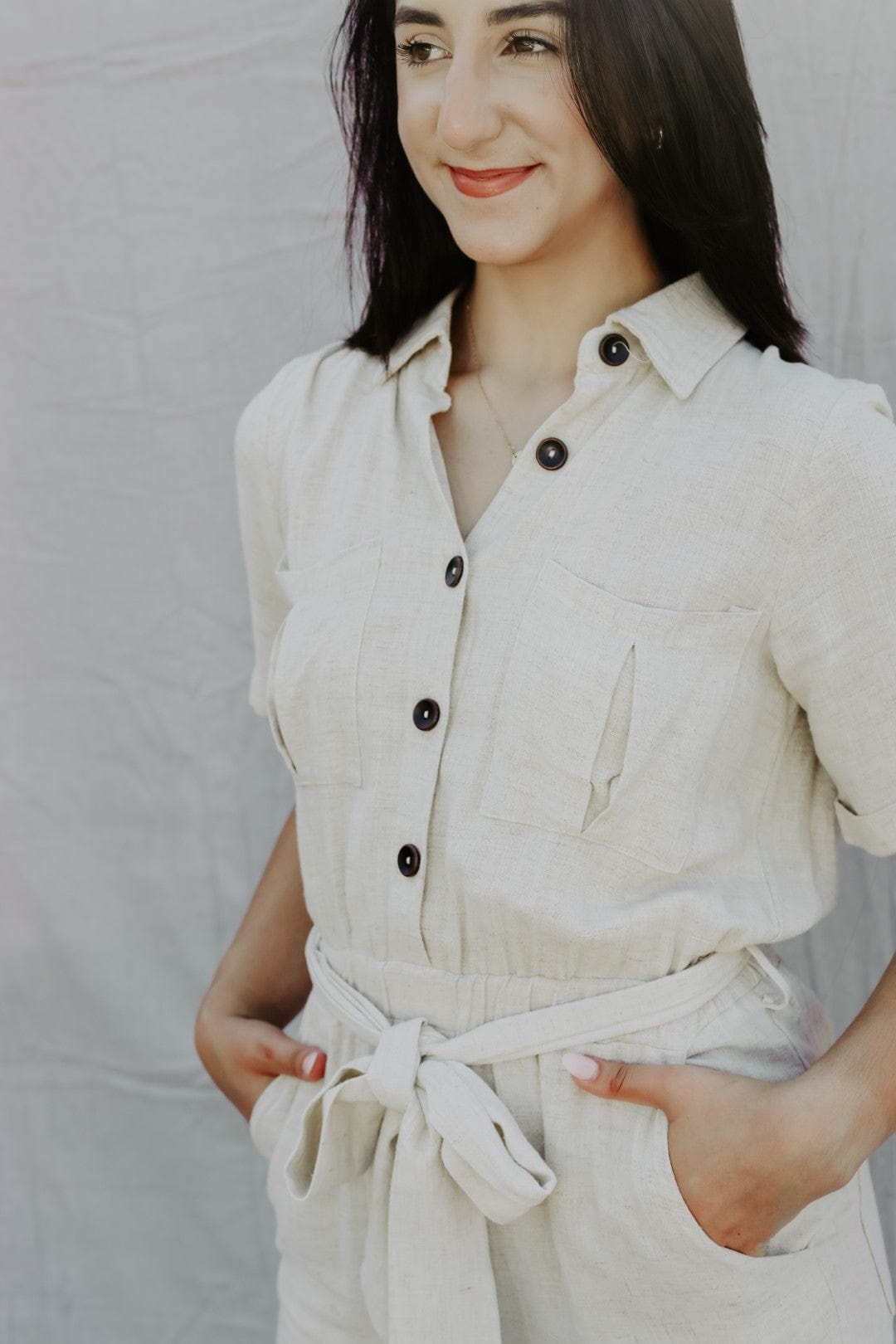 Oatmeal Linen Utility Jumpsuit