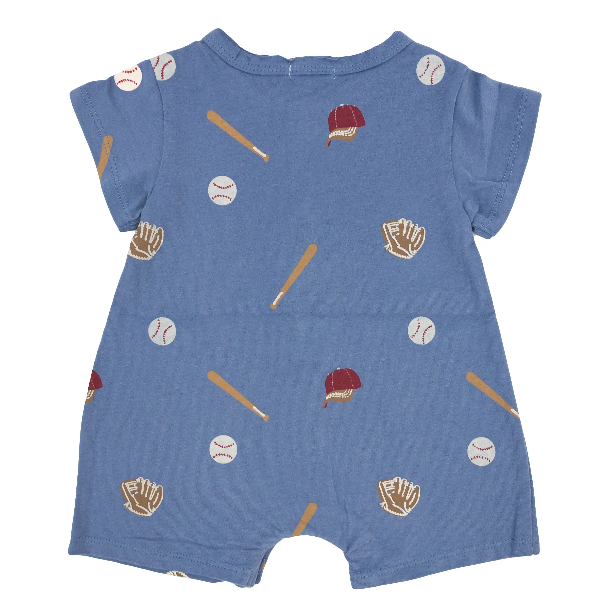 oh baby! Short Sleeve Button Neck Romper - Baseball Print - Denim