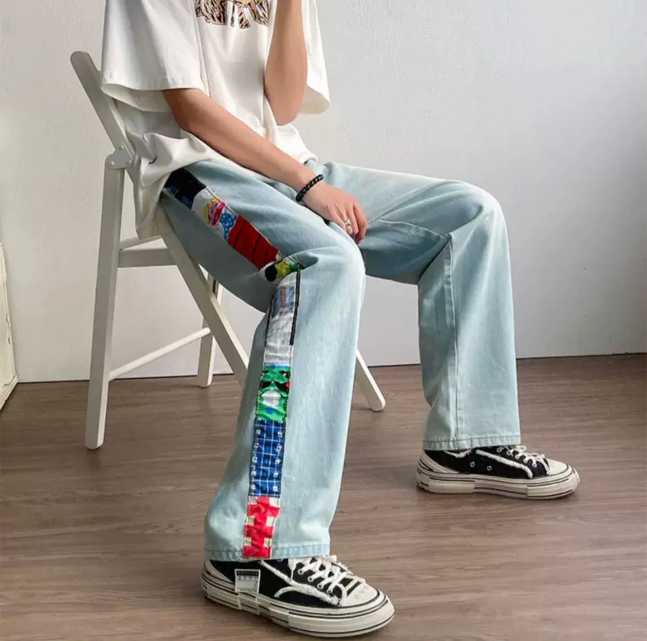 PATCH PANEL STRAIGHT LEG DENIM JEANS