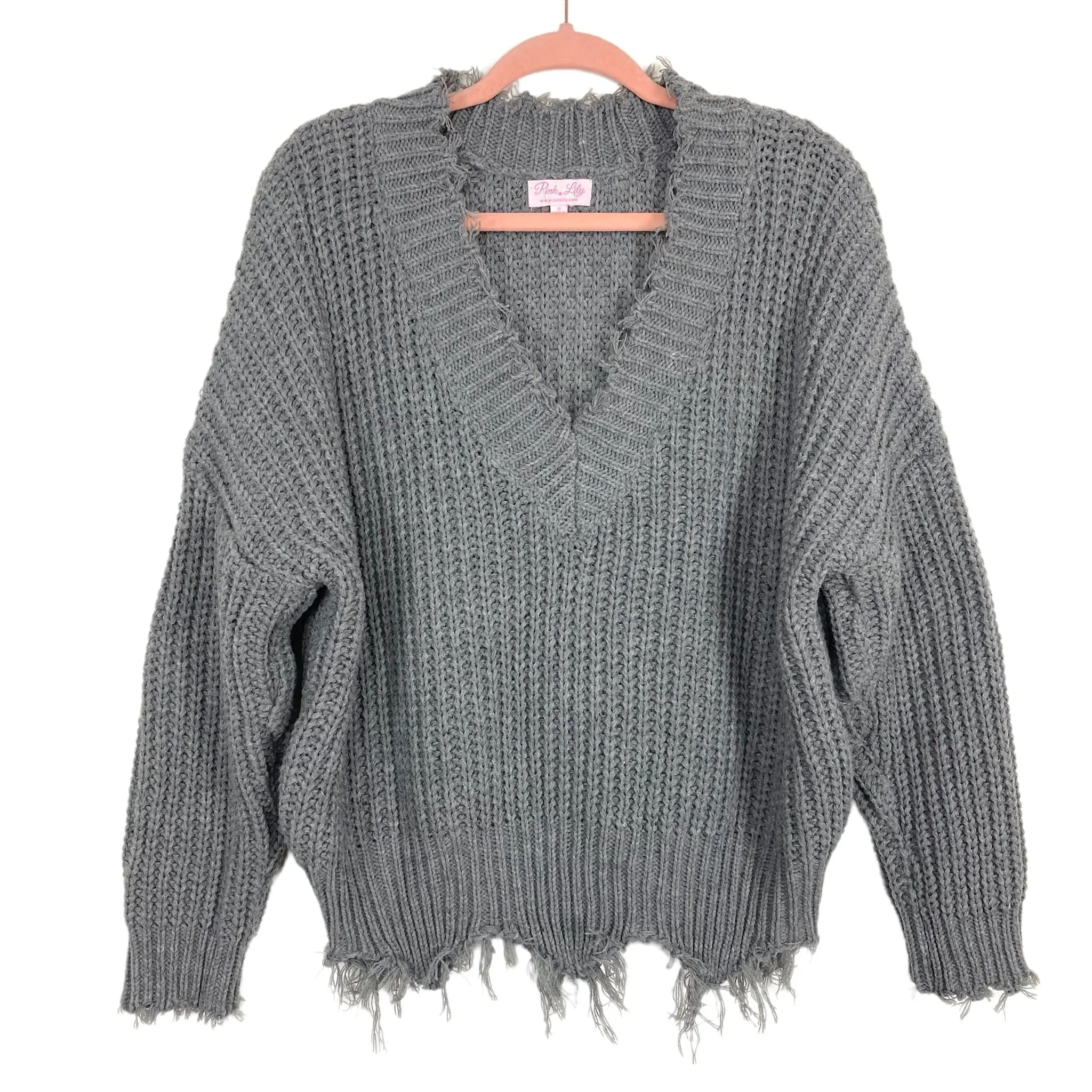 Pink Lilly Gray Distressed Commitment to Cool Sweater- Size S (sold out online)