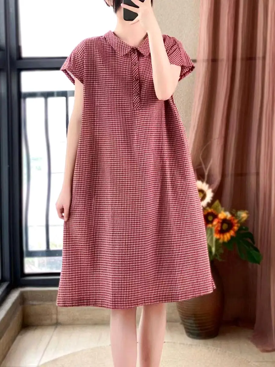 Plus Size Women Casual Summer Lattice Artsy Pleat Loose Dress