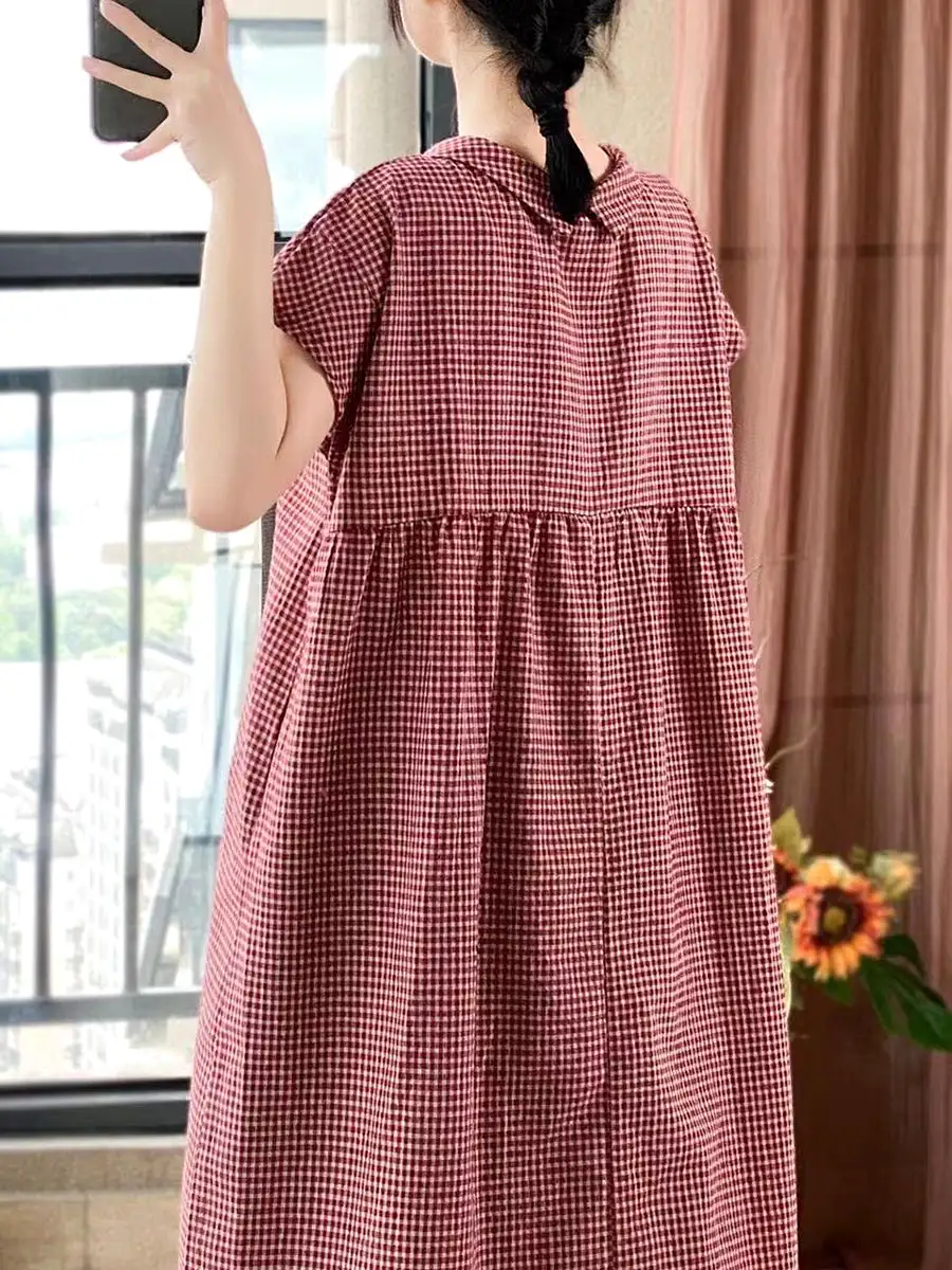 Plus Size Women Casual Summer Lattice Artsy Pleat Loose Dress