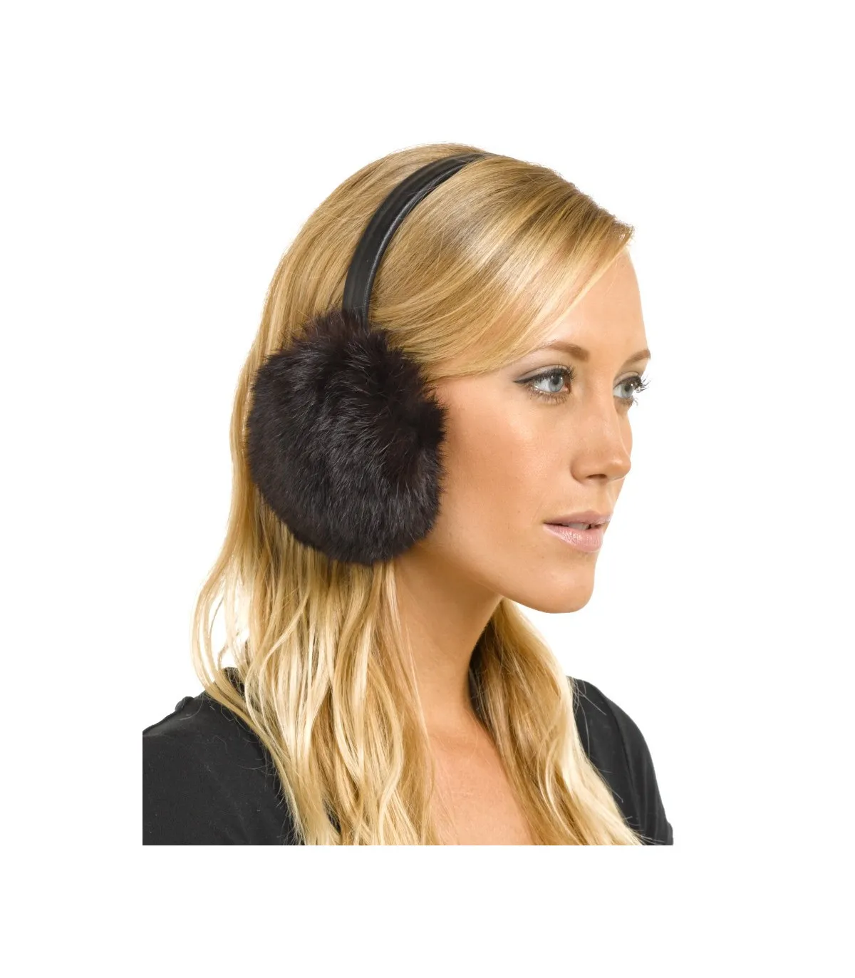 Rabbit Fur Earmuffs with Leather Band  in Brown: FurHatWorld.com