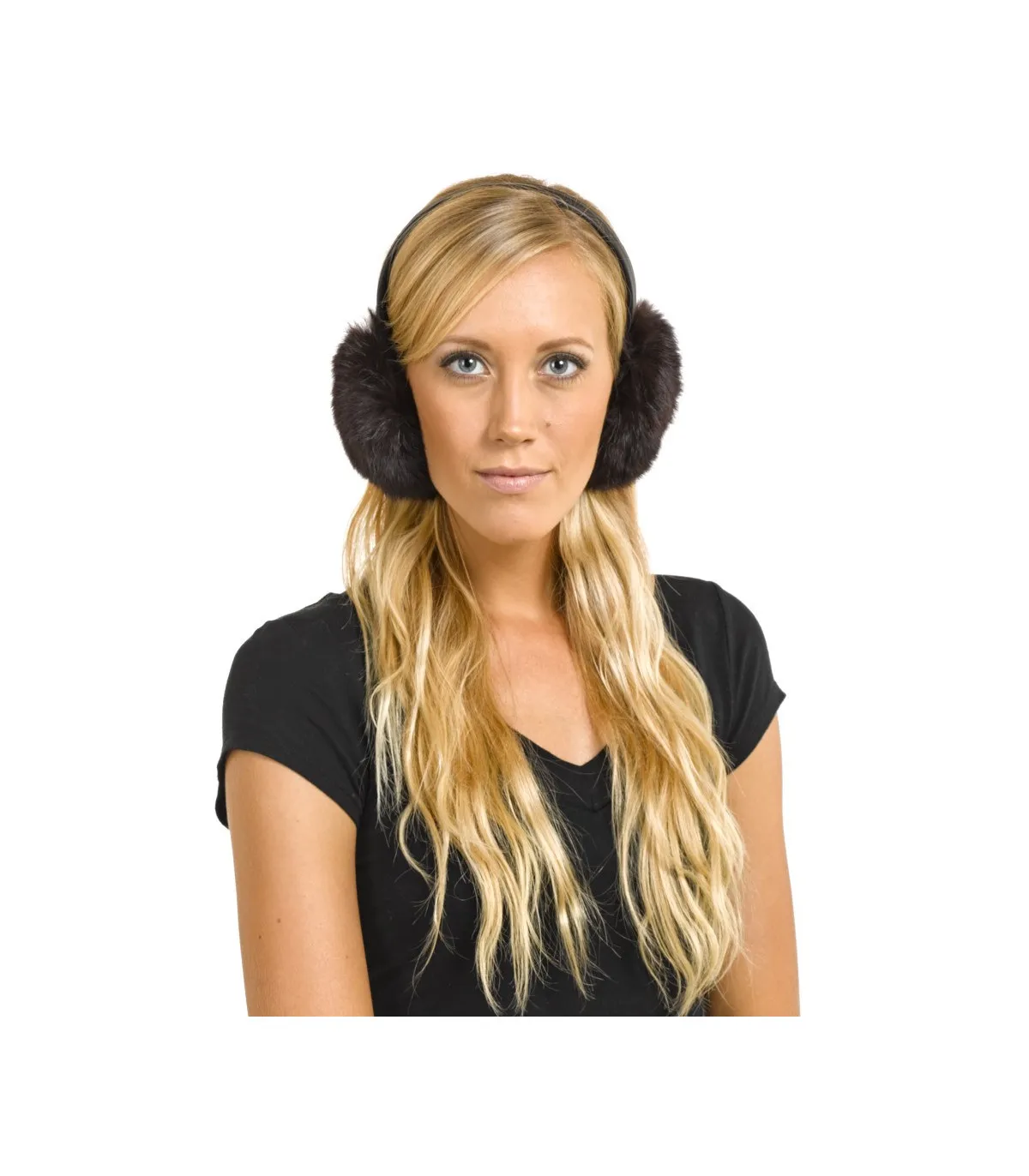 Rabbit Fur Earmuffs with Leather Band  in Brown: FurHatWorld.com