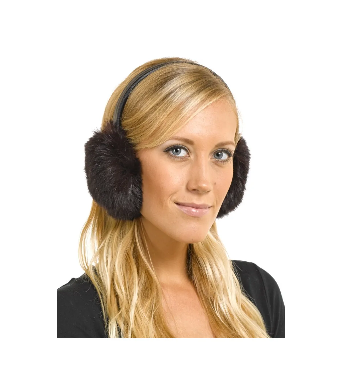 Rabbit Fur Earmuffs with Leather Band  in Brown: FurHatWorld.com