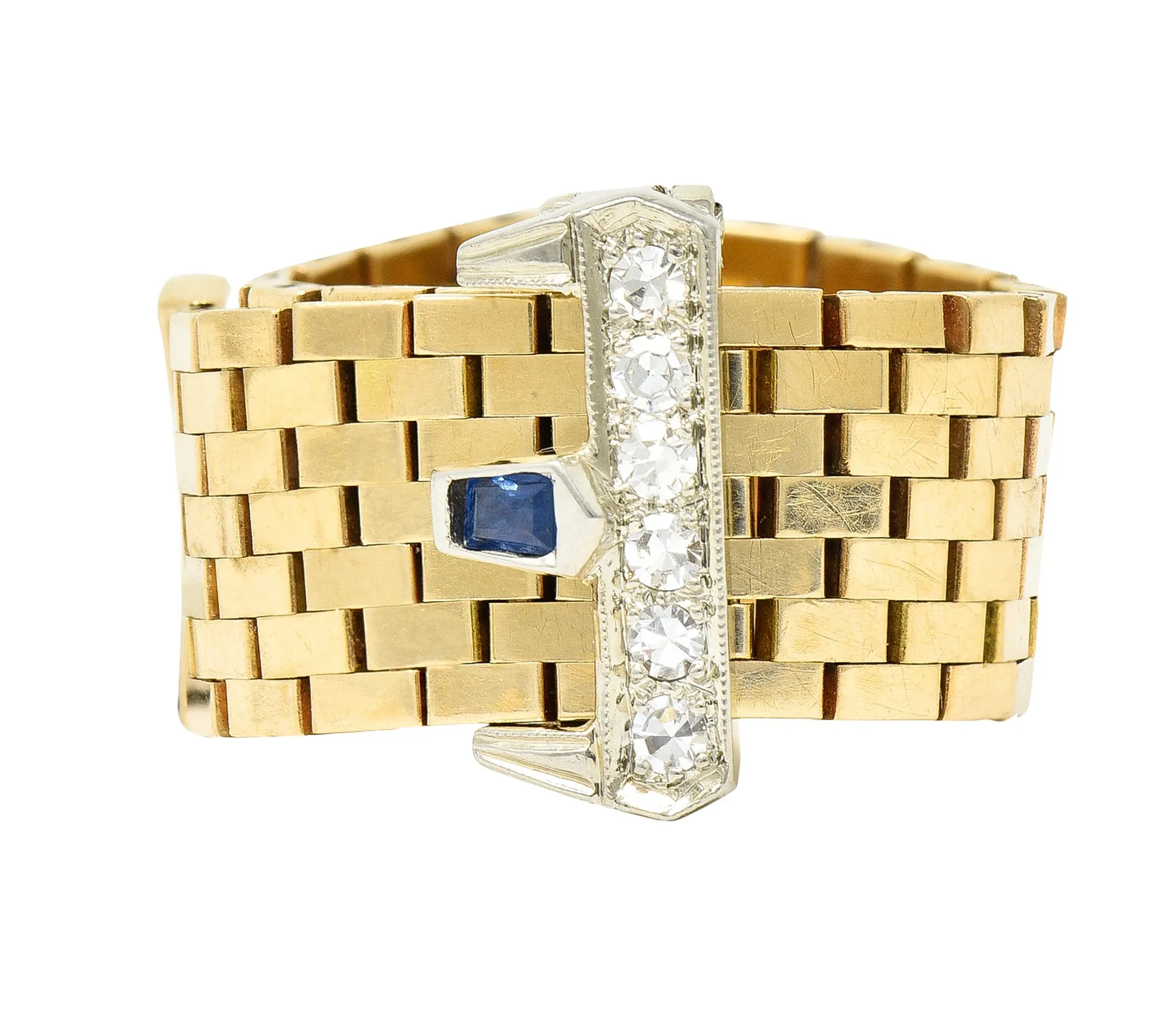 Retro 0.54 CTW Sapphire Diamond 14 Karat Two-Tone Gold Vintage Buckle Ring