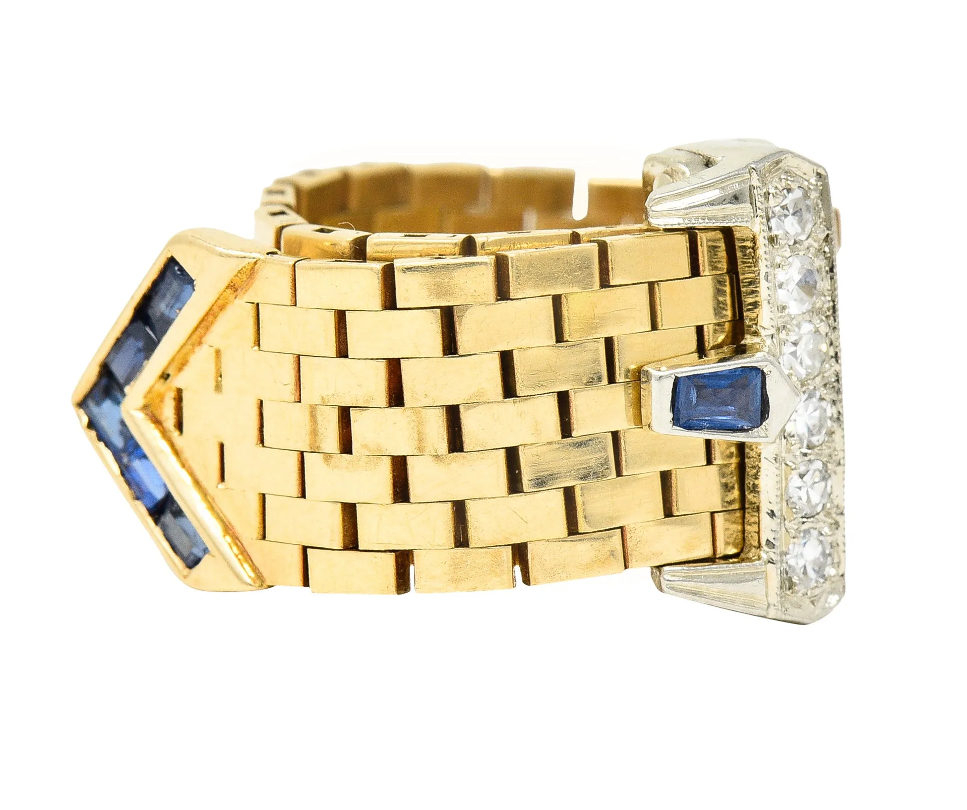 Retro 0.54 CTW Sapphire Diamond 14 Karat Two-Tone Gold Vintage Buckle Ring