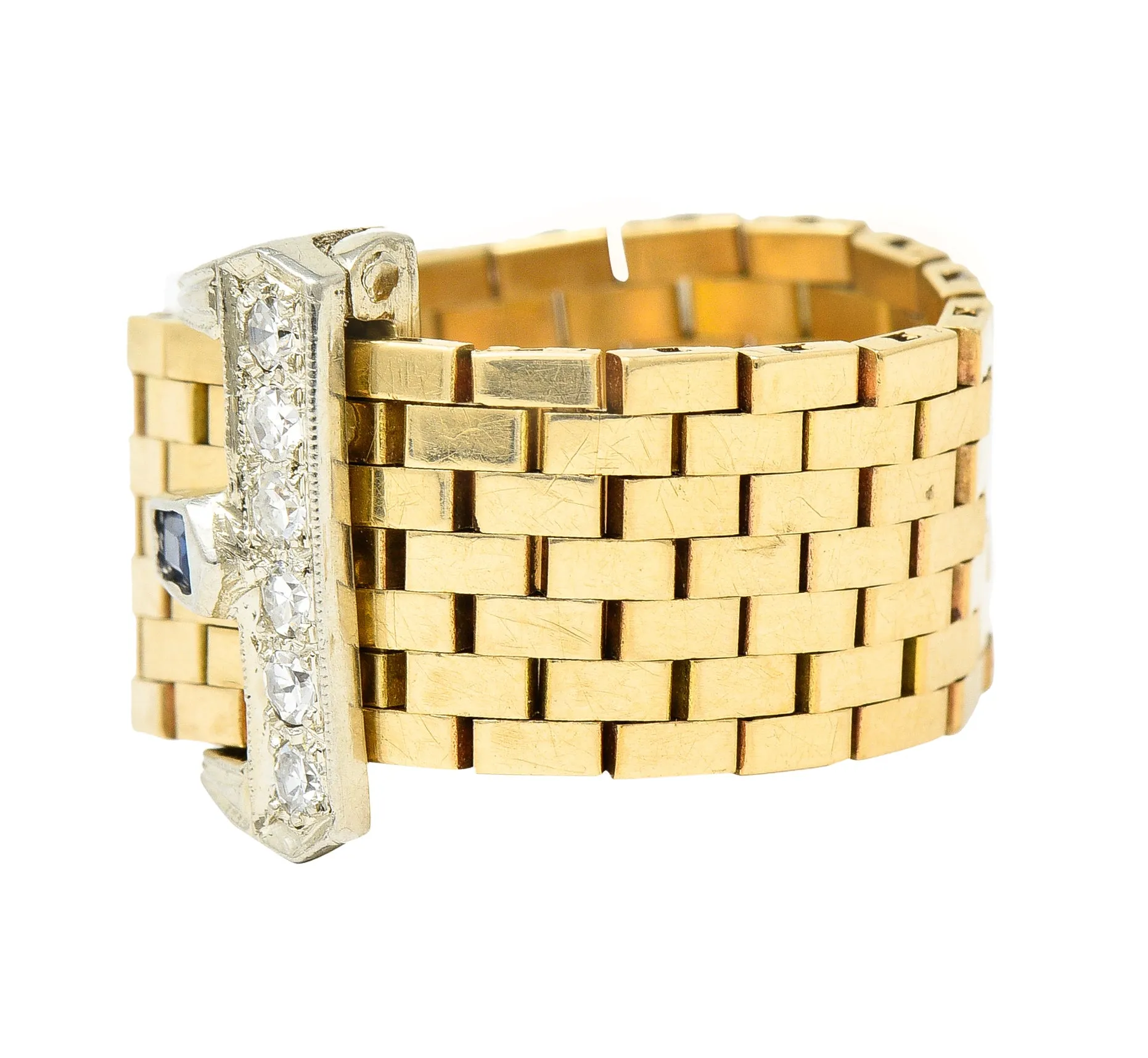 Retro 0.54 CTW Sapphire Diamond 14 Karat Two-Tone Gold Vintage Buckle Ring