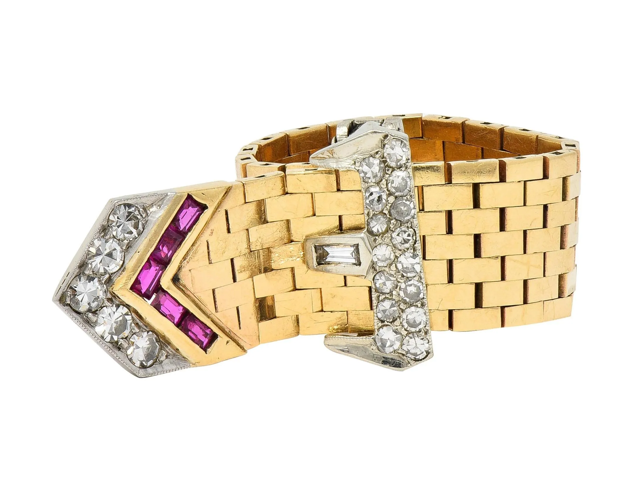 Retro 0.56 CTW Diamond 14 Karat Two-Tone Gold Vintage Mesh Buckle Ring