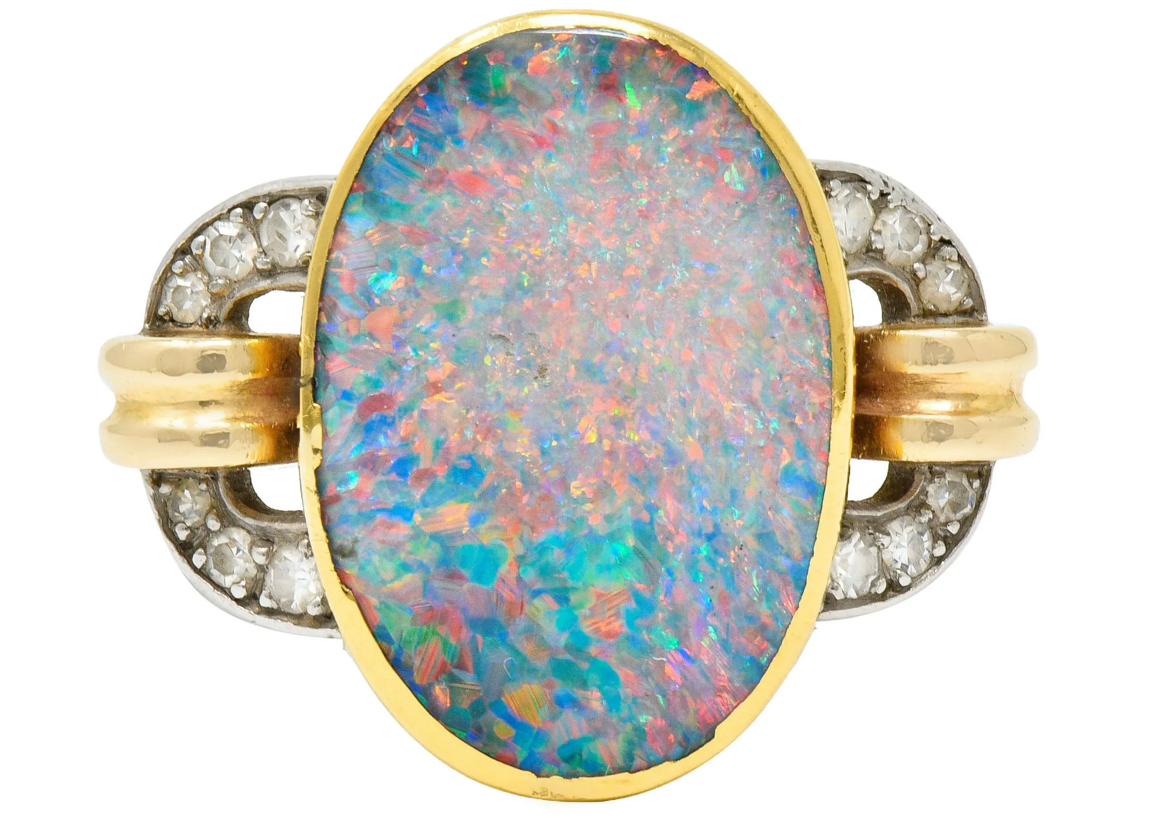 Retro Black Opal Diamond 14 Karat Gold Platinum Buckle Vintage Ring