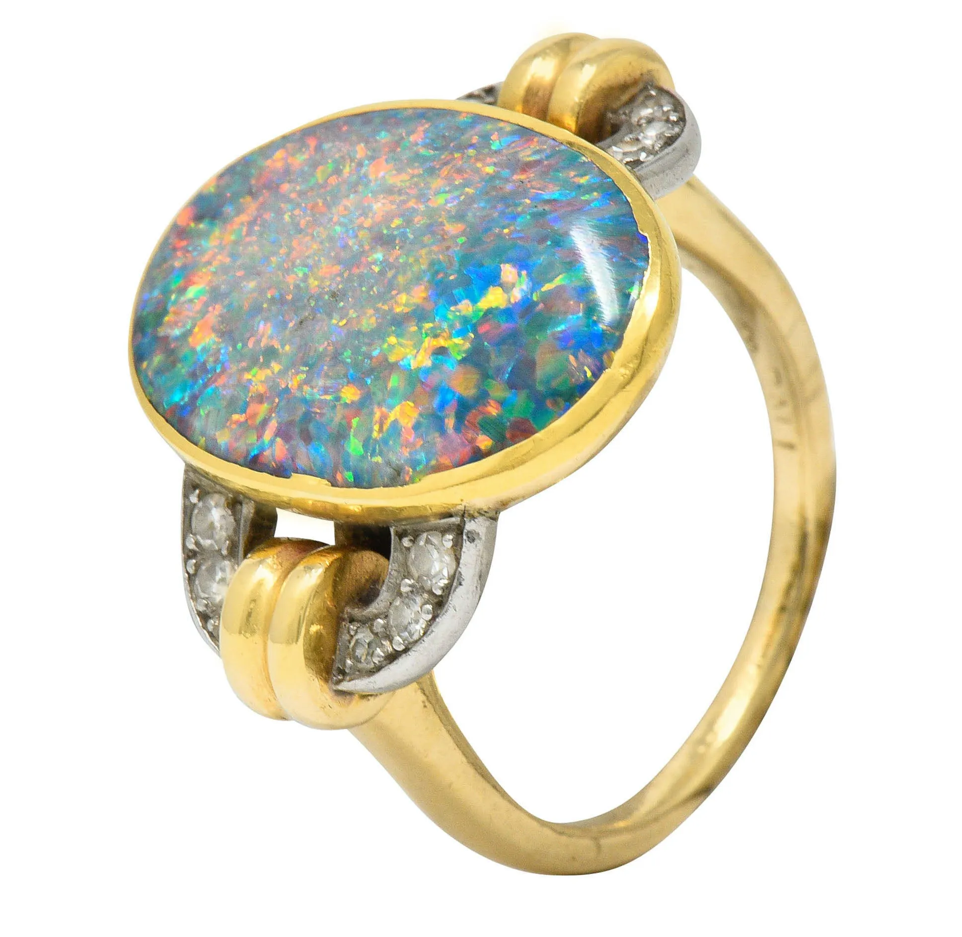 Retro Black Opal Diamond 14 Karat Gold Platinum Buckle Vintage Ring