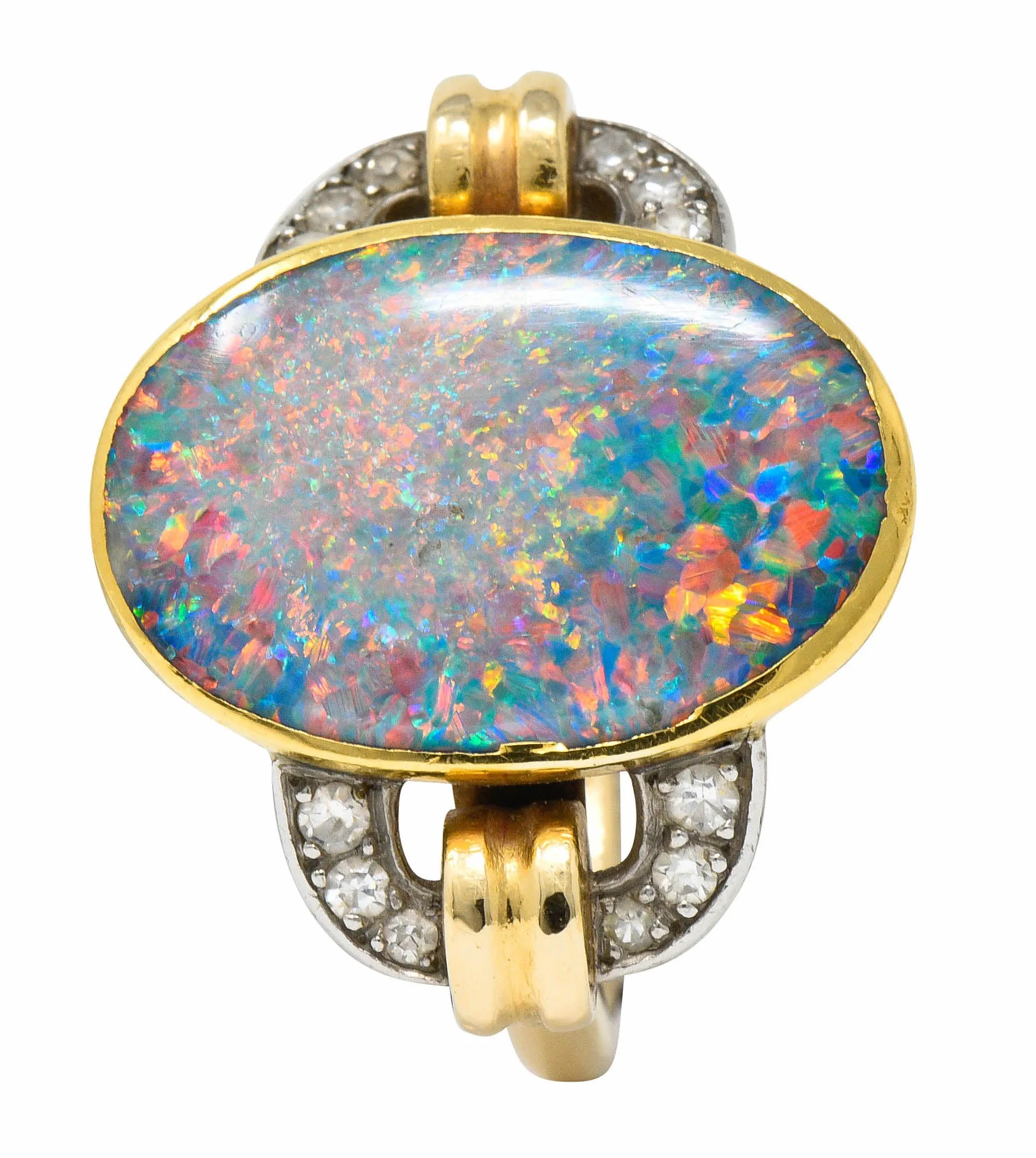 Retro Black Opal Diamond 14 Karat Gold Platinum Buckle Vintage Ring