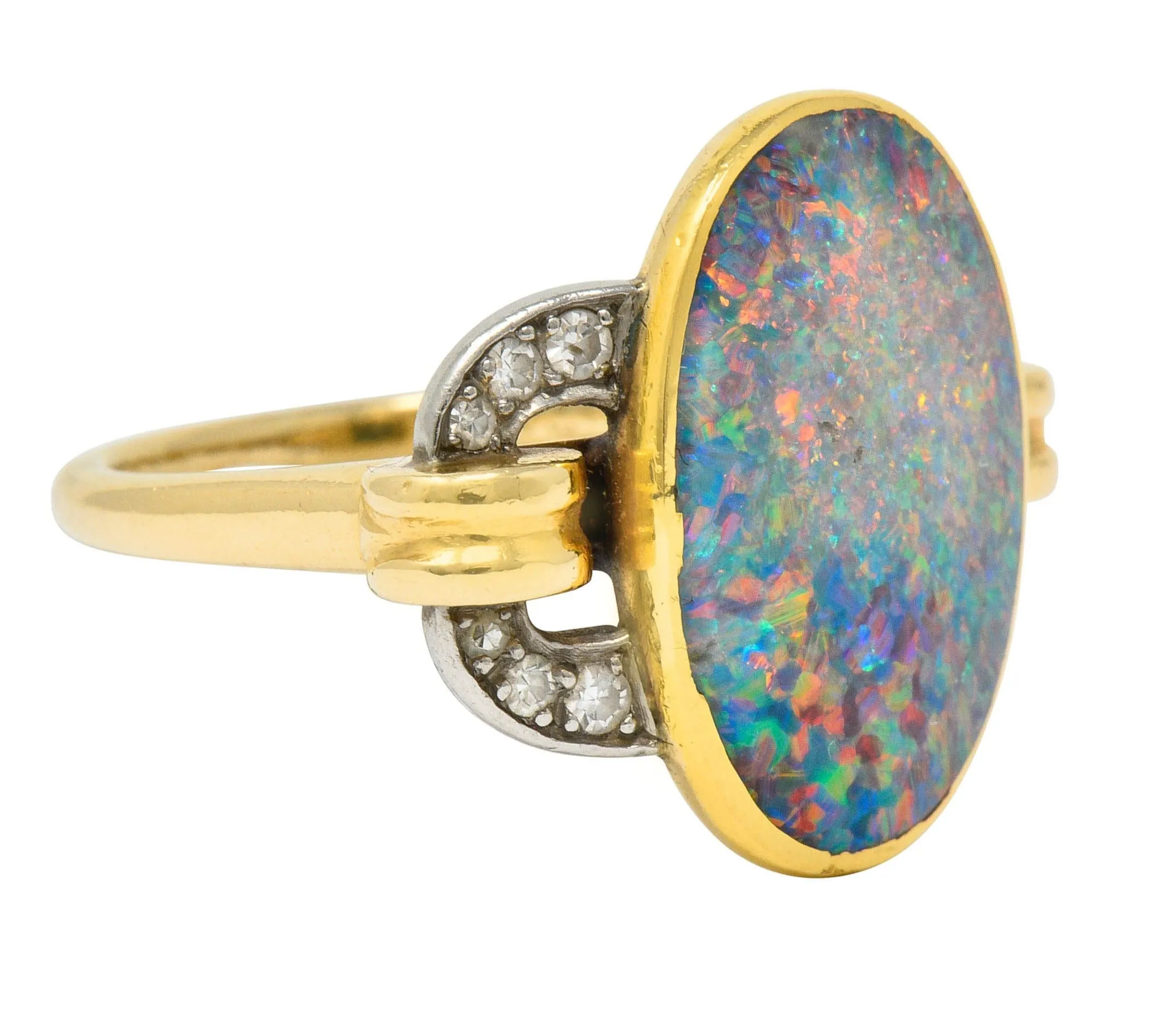 Retro Black Opal Diamond 14 Karat Gold Platinum Buckle Vintage Ring