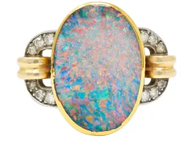 Retro Black Opal Diamond 14 Karat Gold Platinum Buckle Vintage Ring