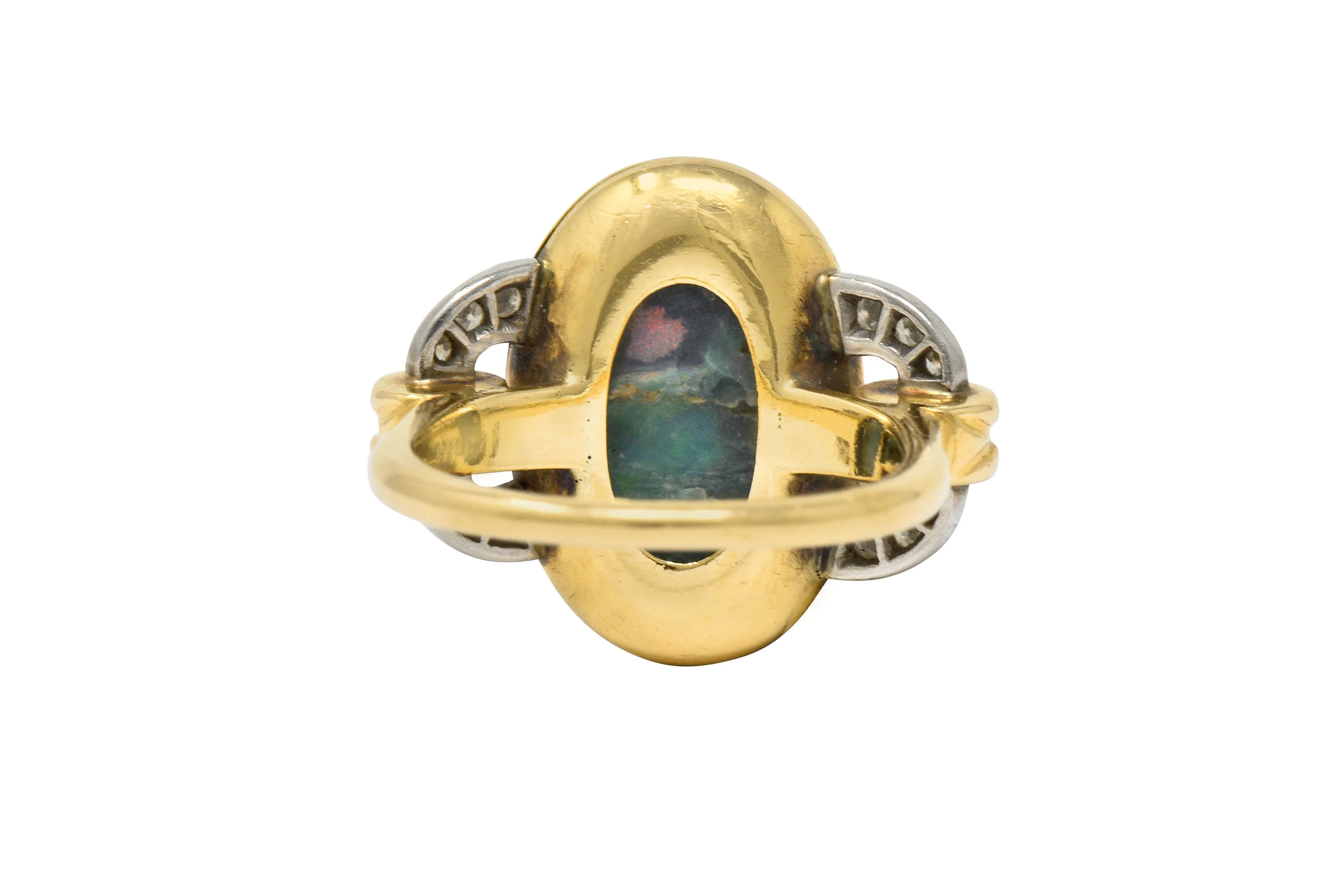 Retro Black Opal Diamond 14 Karat Gold Platinum Buckle Vintage Ring