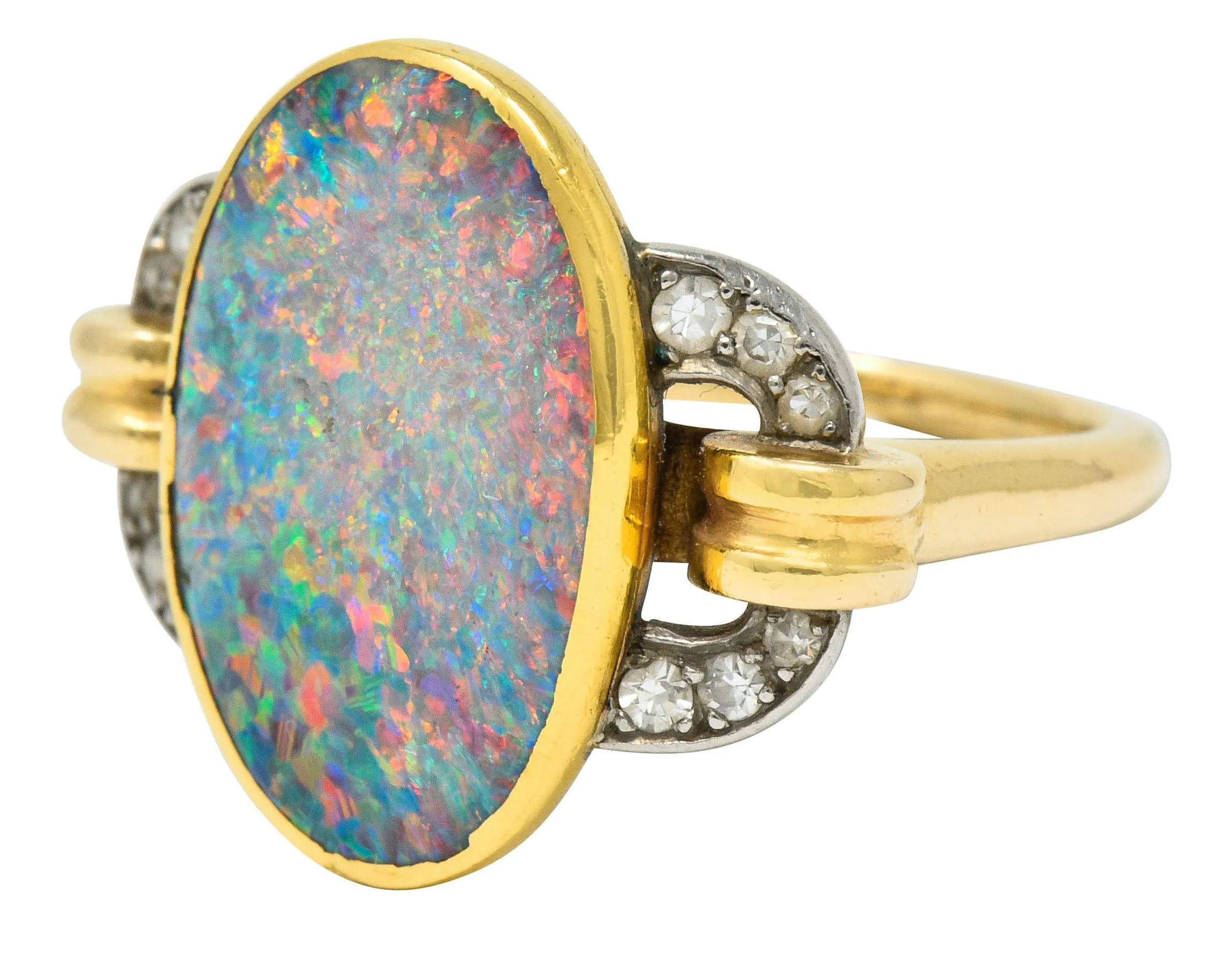 Retro Black Opal Diamond 14 Karat Gold Platinum Buckle Vintage Ring