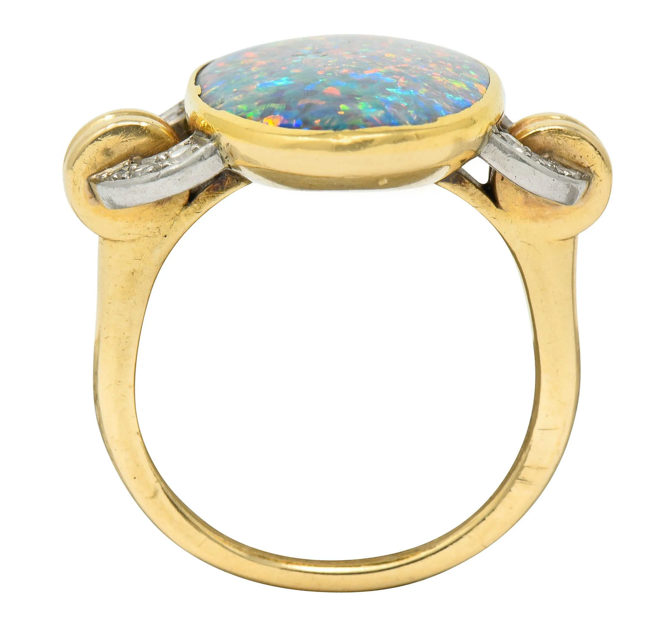 Retro Black Opal Diamond 14 Karat Gold Platinum Buckle Vintage Ring