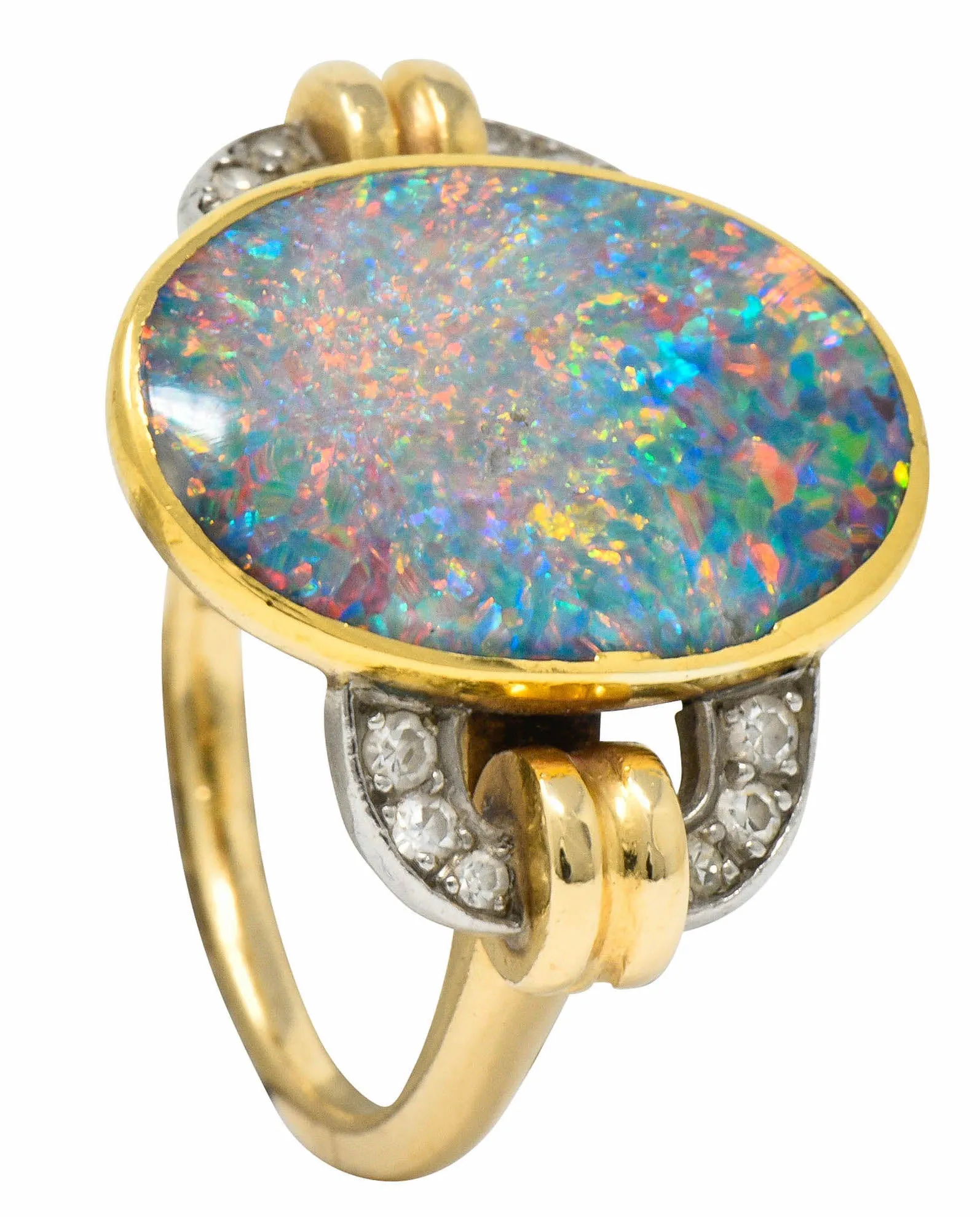 Retro Black Opal Diamond 14 Karat Gold Platinum Buckle Vintage Ring