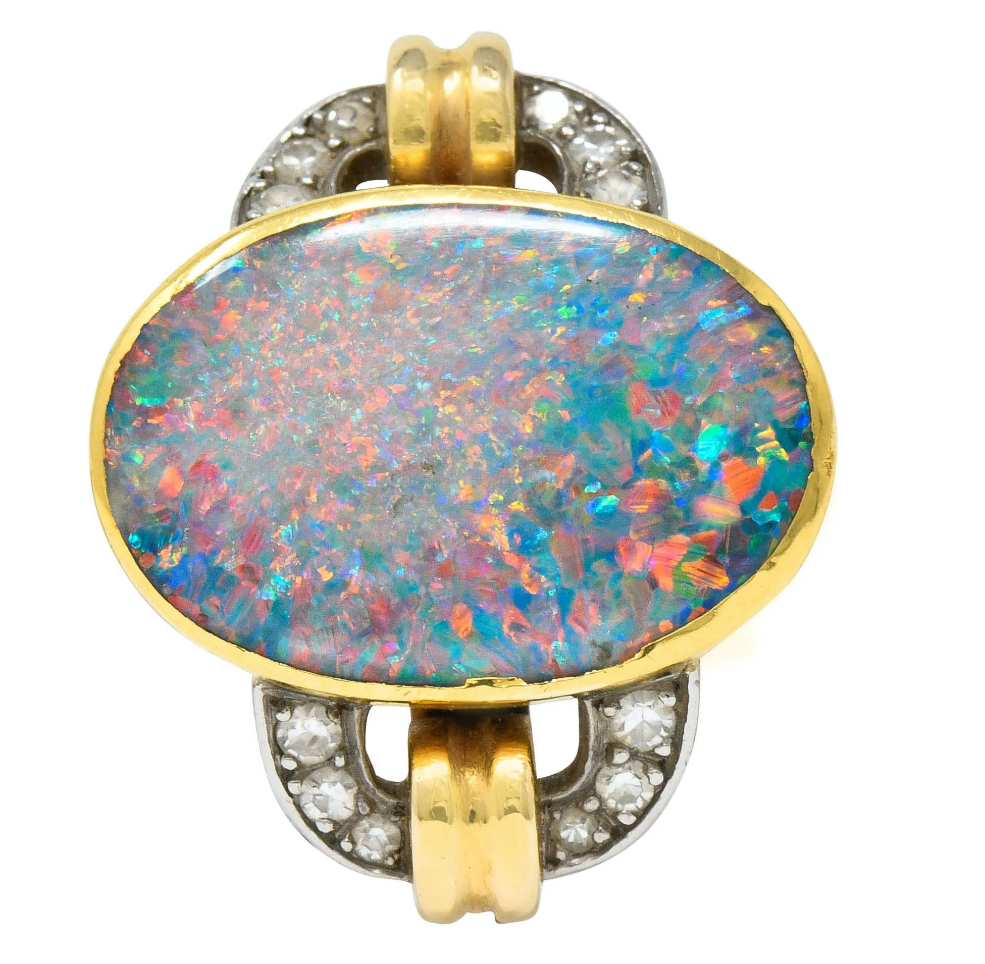 Retro Black Opal Diamond 14 Karat Gold Platinum Buckle Vintage Ring