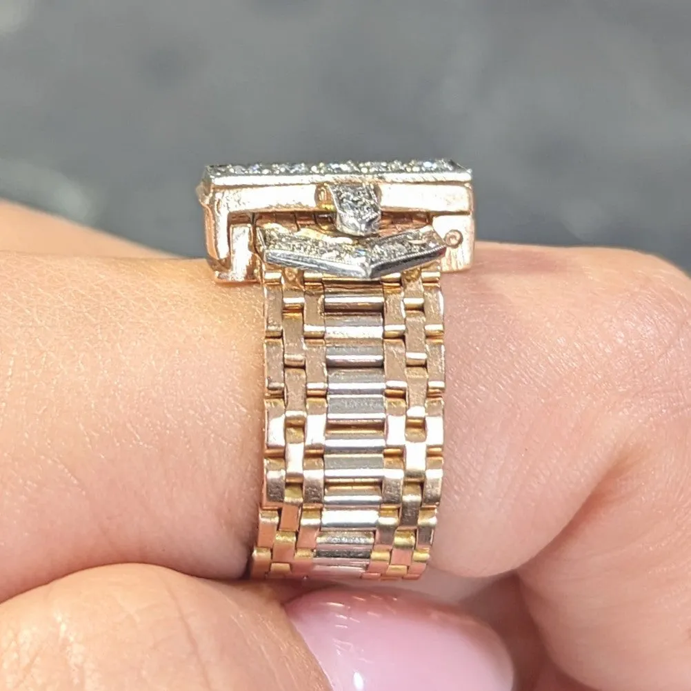 Retro Diamond 14 Karat Two-Tone Gold Adjustable Vintage Buckle Ring