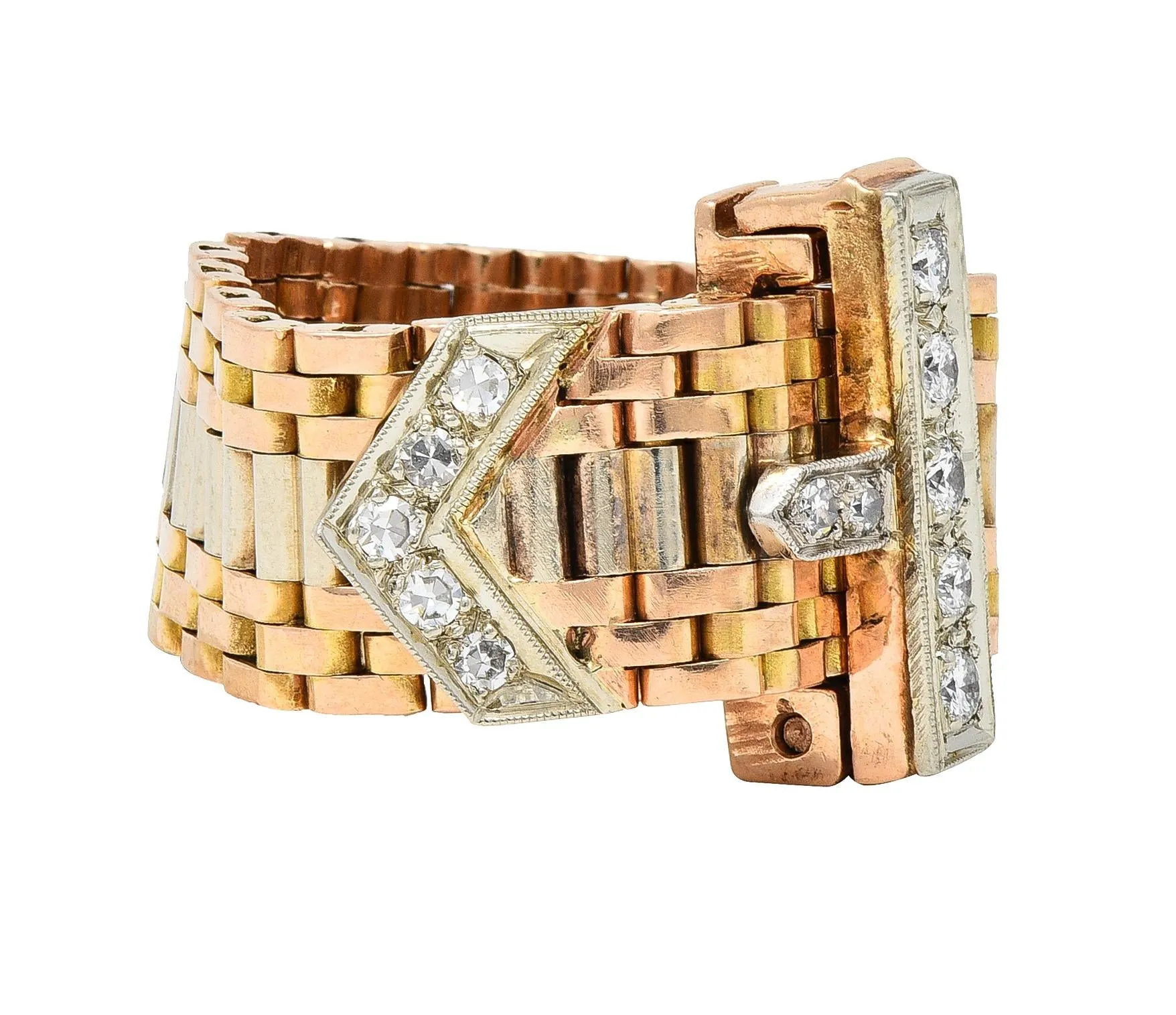 Retro Diamond 14 Karat Two-Tone Gold Adjustable Vintage Buckle Ring