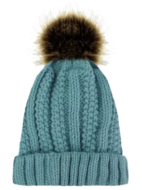 Ribbed Knit Faux Fur Lined Beanie Cap Hat With Fur Pom Pom