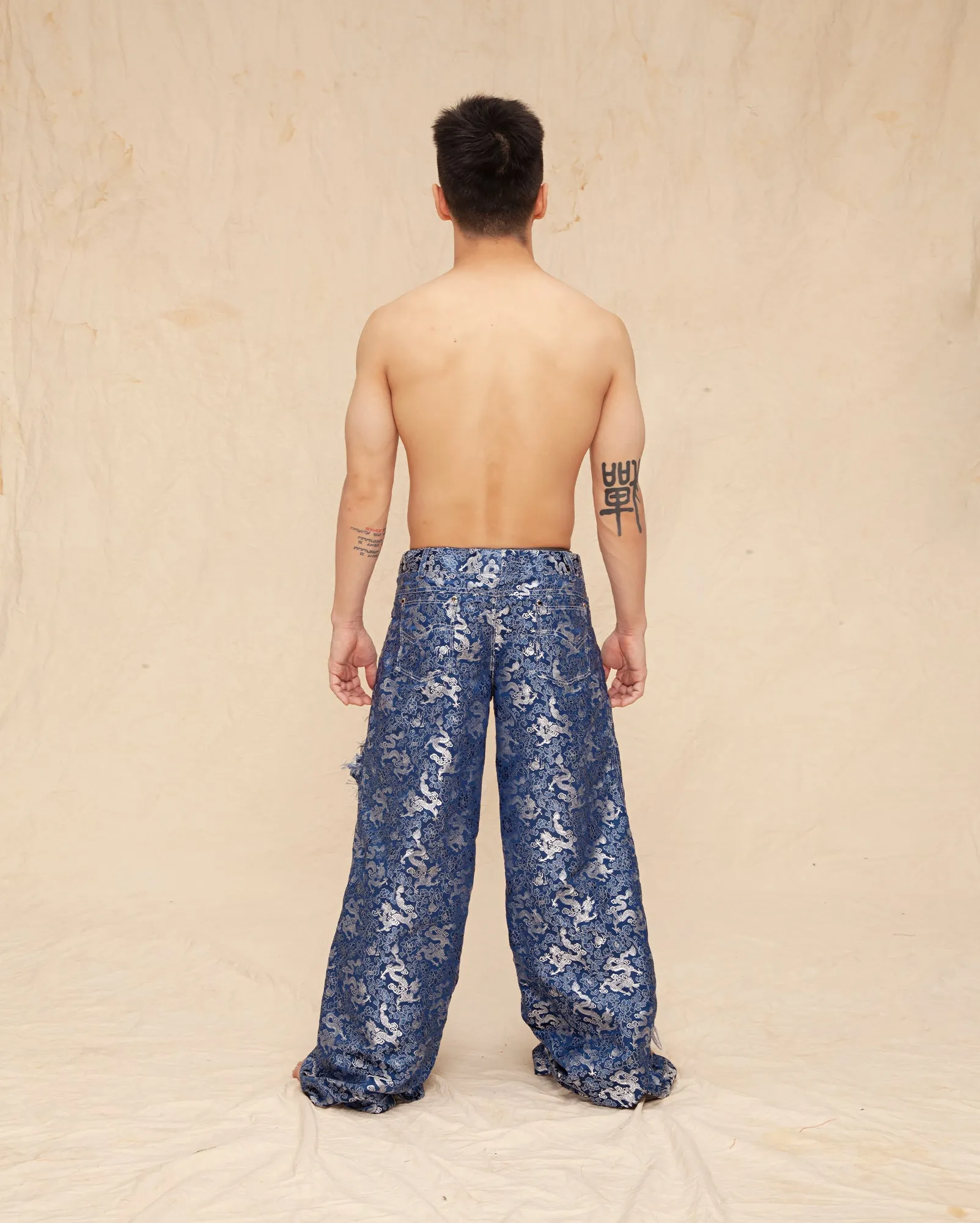 Ripped Chinese Dragon Brocade Jeans