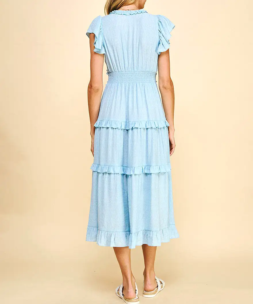 Ruffled Midi Dress - Pastel Blue